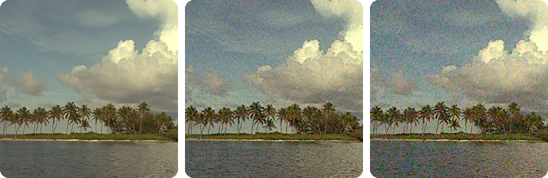 The same photographic crop three times: clean, then regrained as an LG G4 at ISO 800 and at ISO 1600, the noise visibly coarser and more coloured at the higher setting.